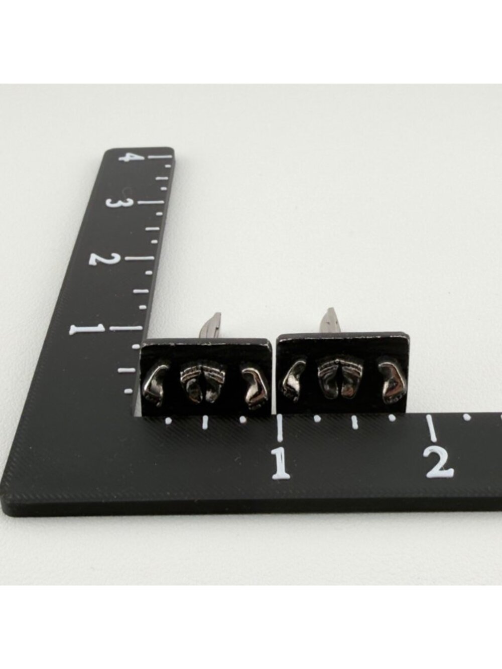 Vintage Black Silver Tone Rectangle Baby Feet Cuff Links - Picture 4 of 8